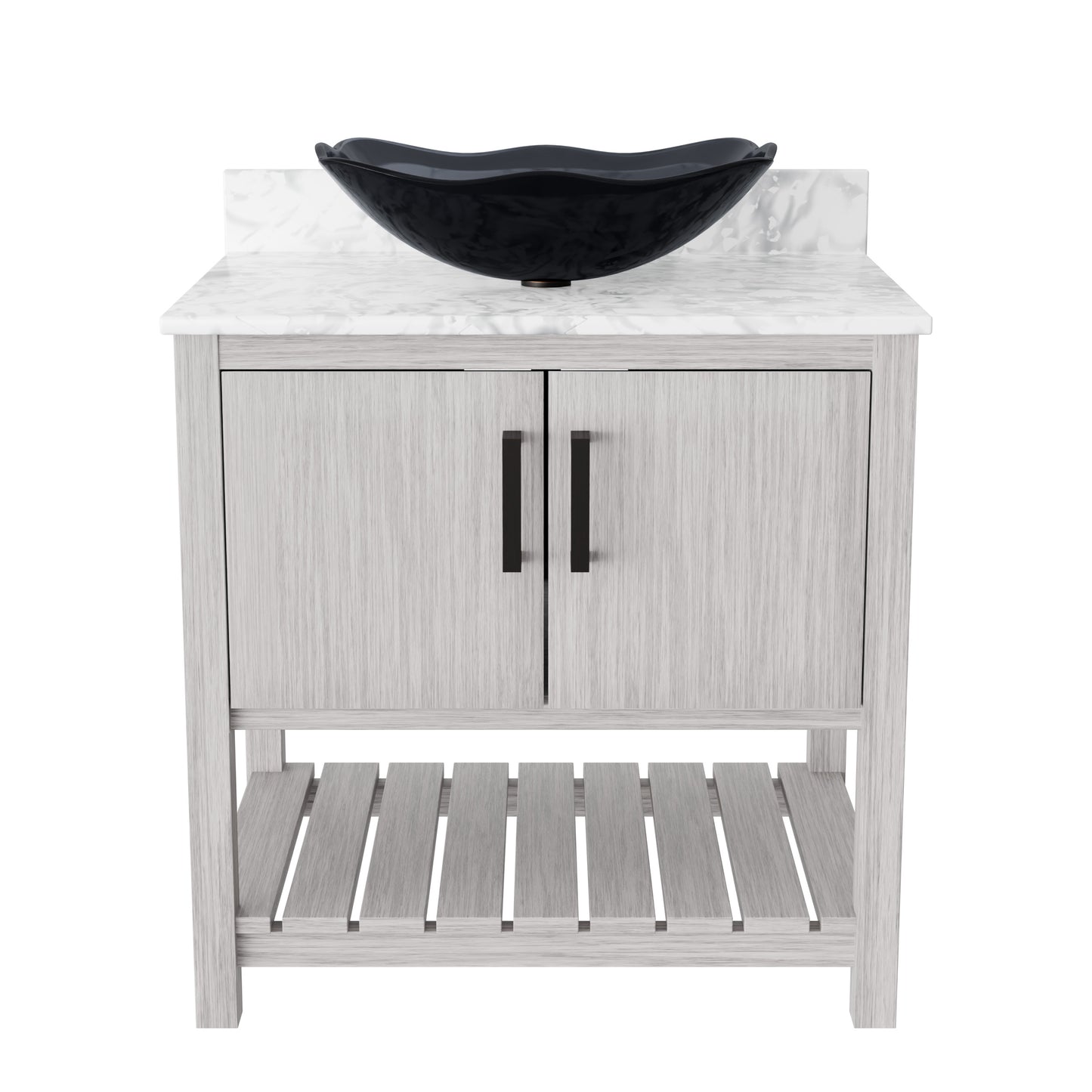 30-inch Novatto bath vanity with Carrara white marble counter and integrated sink, showcasing sleek bathroom accessory design