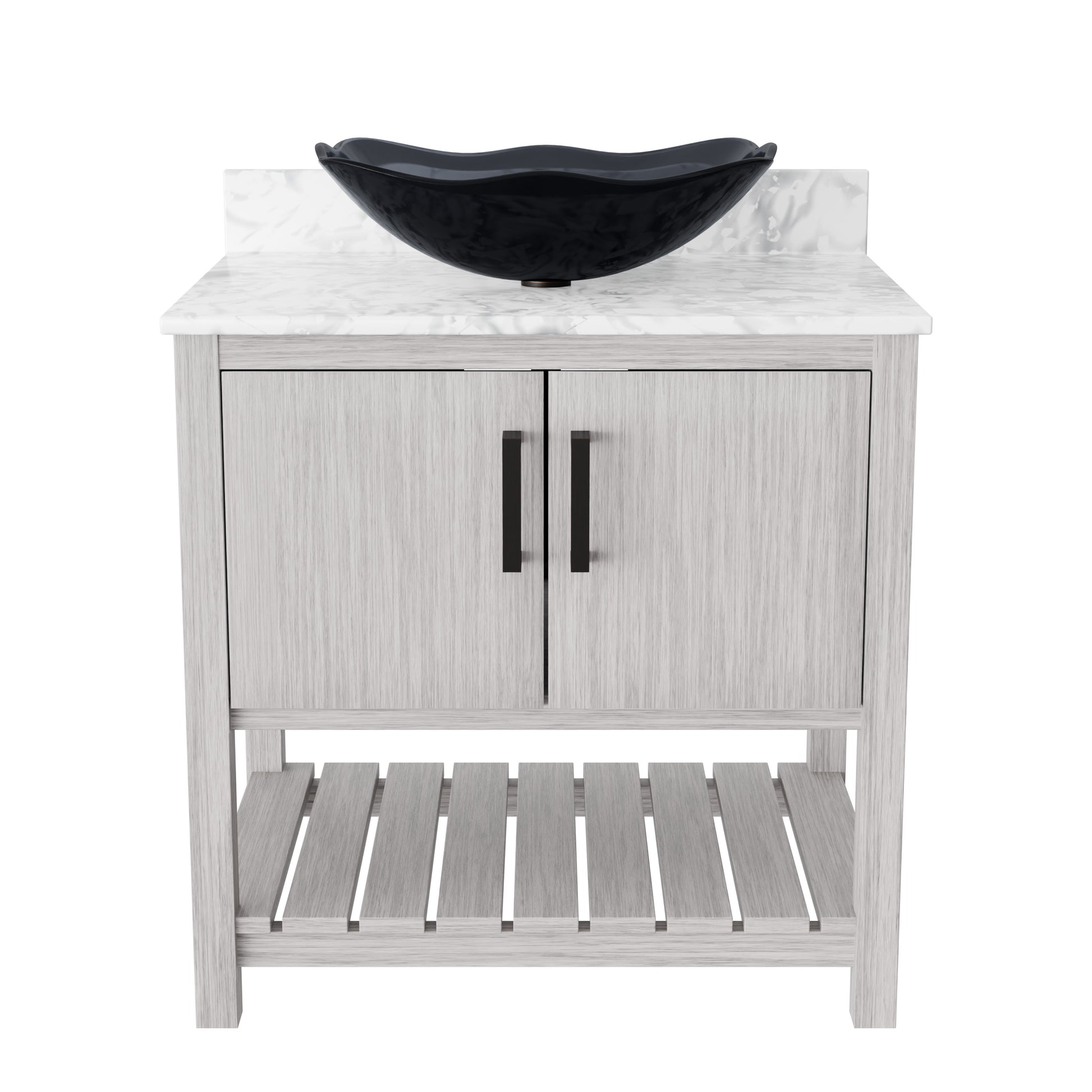 30-inch Novatto bath vanity with Carrara white marble counter and integrated sink, showcasing sleek bathroom accessory design
