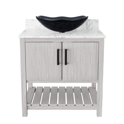 30-inch Novatto bath vanity with Carrara white marble counter and integrated sink, showcasing sleek bathroom accessory design