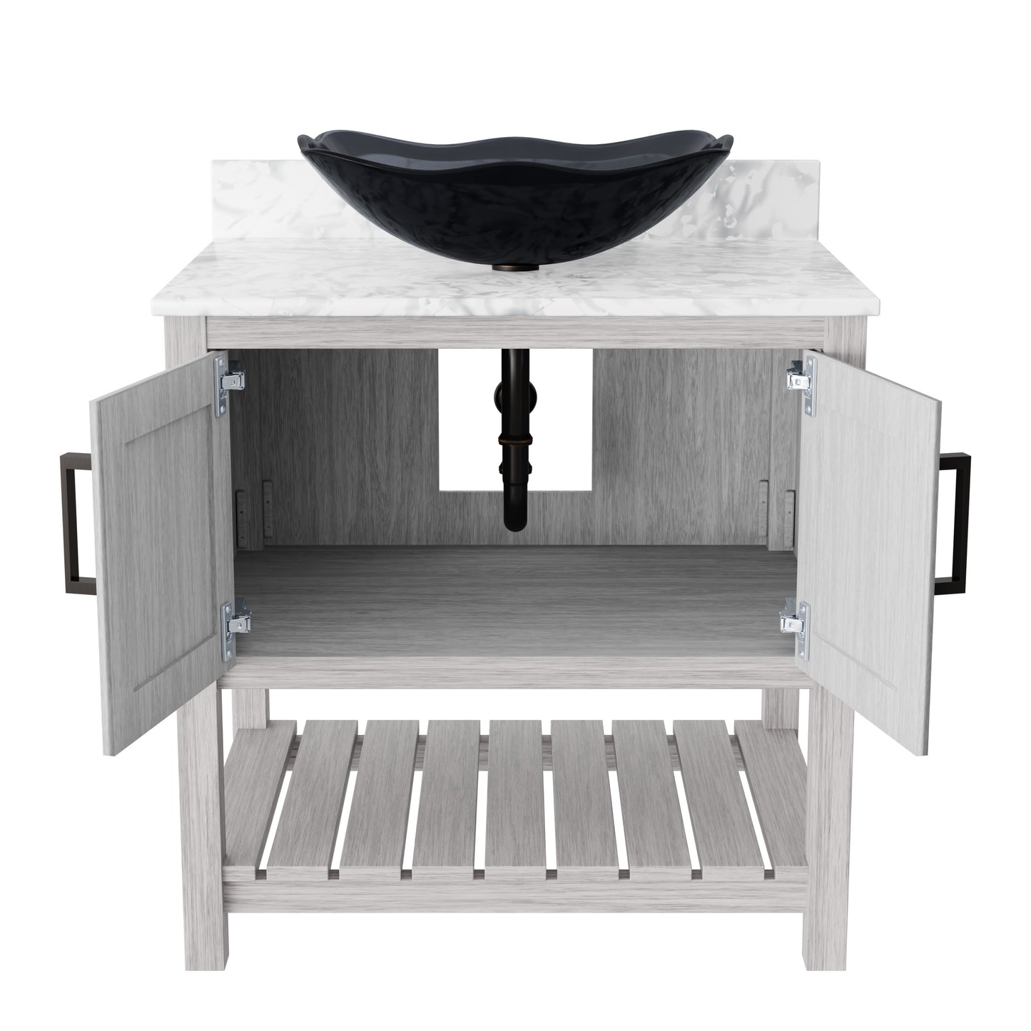 30-inch Novatto bath vanity with Carrara white marble counter and sink, showcasing sleek modern bathroom accessory.