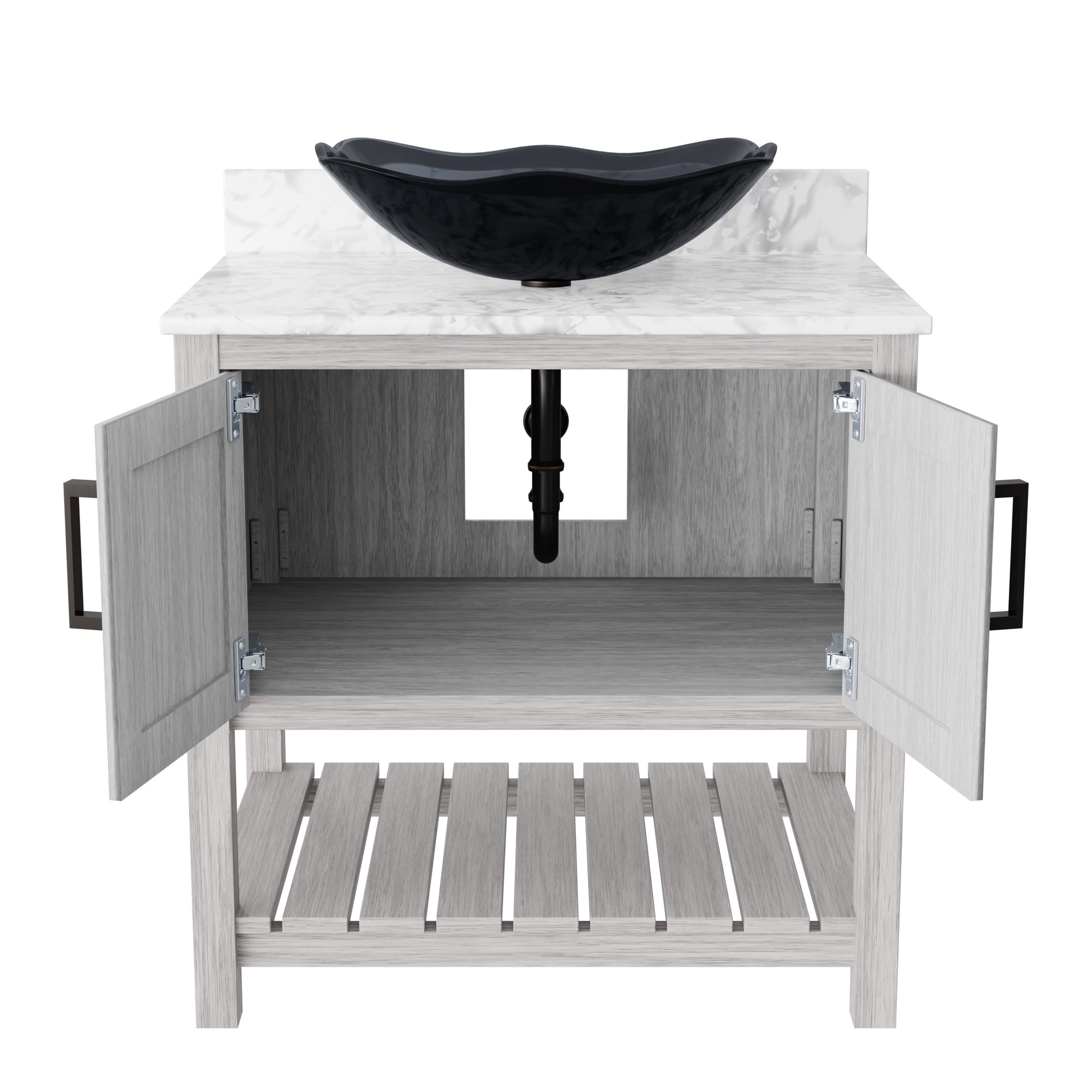 30-inch Novatto bath vanity with Carrara white marble counter and sink, showcasing sleek modern bathroom accessory.