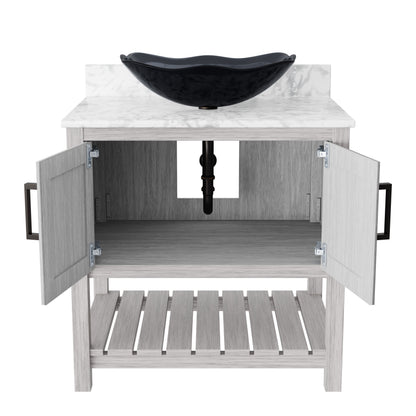30-inch Novatto bath vanity with Carrara white marble counter and sink, showcasing sleek modern bathroom accessory.