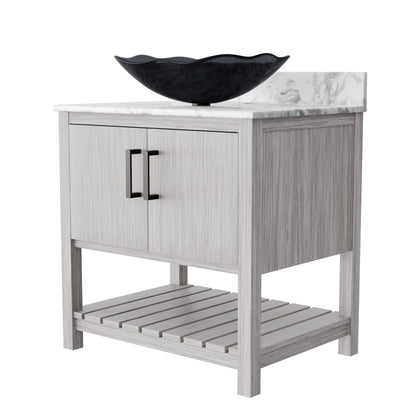 30-inch Novatto bath vanity with Carrara white marble countertop and sink, showcasing elegant bathroom accessory design.
