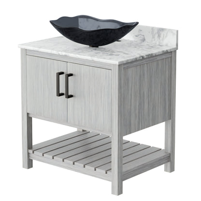 30-inch Novatto bath vanity with Carrara white marble countertop and sink, showcasing its elegant design and natural stone finish.