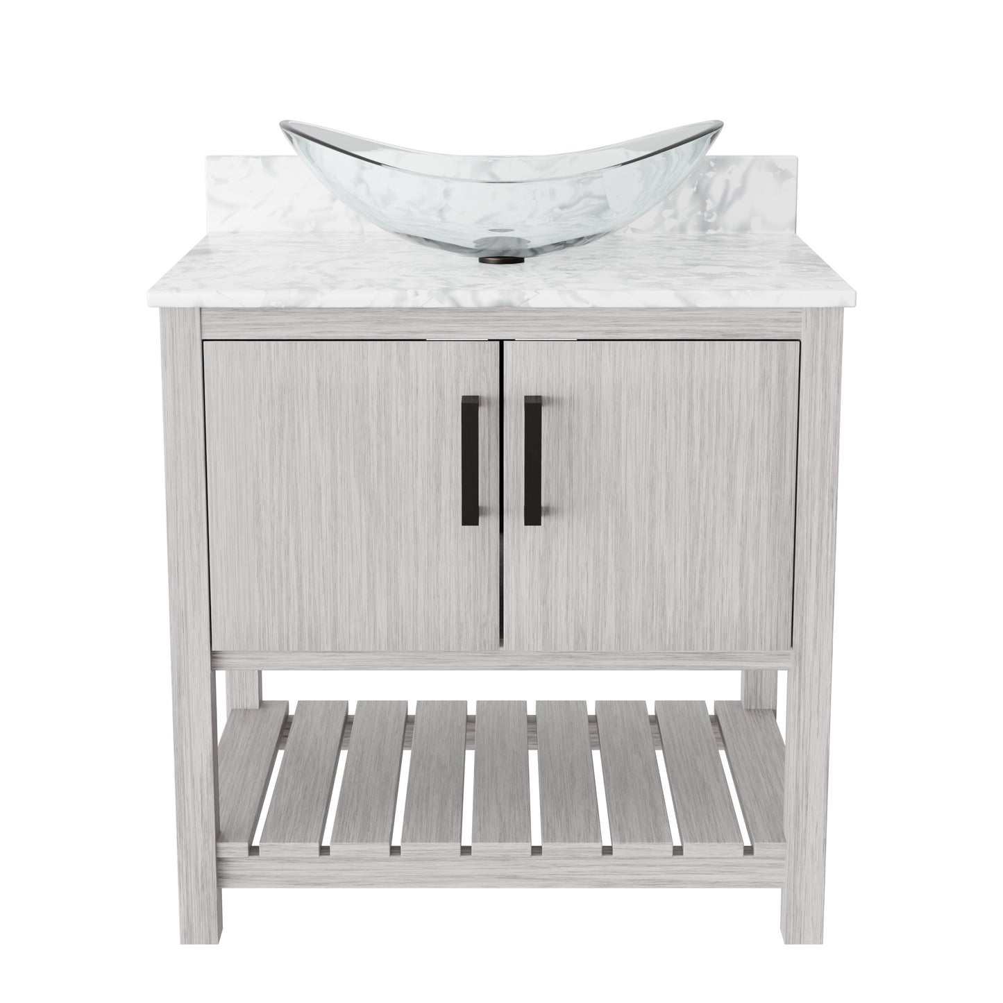 Novatto 30-inch bath vanity with Carrara white marble counter and sink, featuring modern design and elegant stone finish.