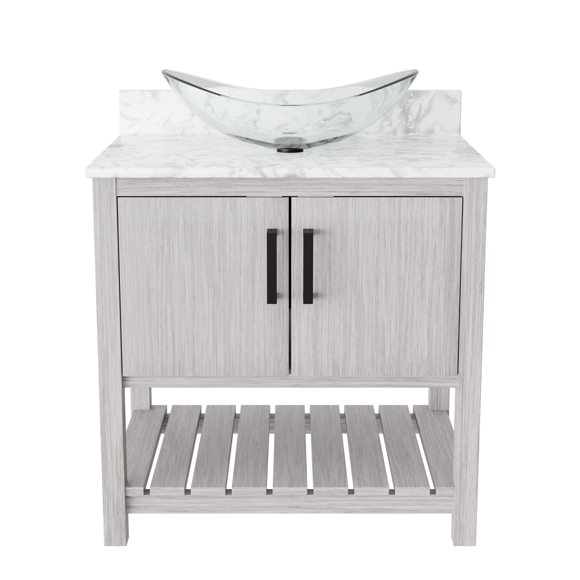 Novatto 30-inch bath vanity with Carrara white marble counter and sink, featuring modern design and elegant stone finish.