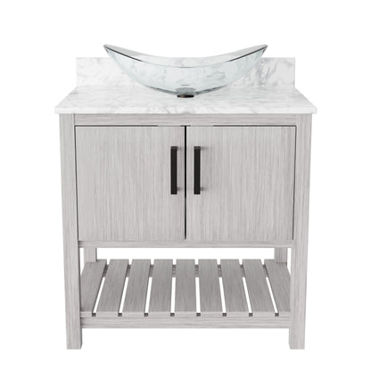 Novatto 30-inch bath vanity with Carrara white marble counter and sink, featuring modern design and elegant stone finish.