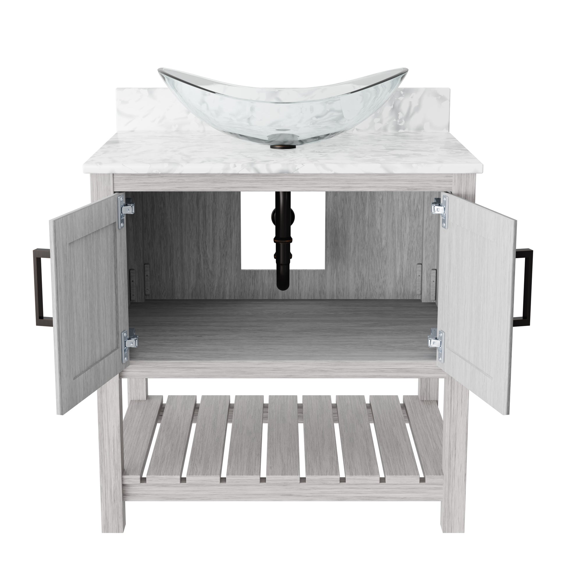Novatto 30-inch bath vanity with Carrara white marble countertop and sink, showcasing elegant bathroom accessory design.