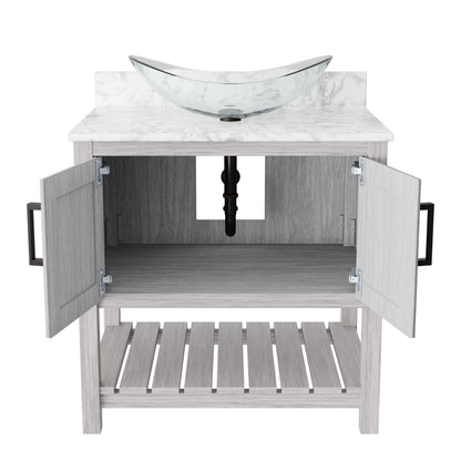 Novatto 30-inch bath vanity with Carrara white marble countertop and sink, showcasing elegant bathroom accessory design.