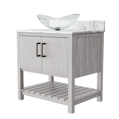 30-inch Novatto bath vanity with Carrara white marble counter and sink, showcasing elegant bathroom accessory design.