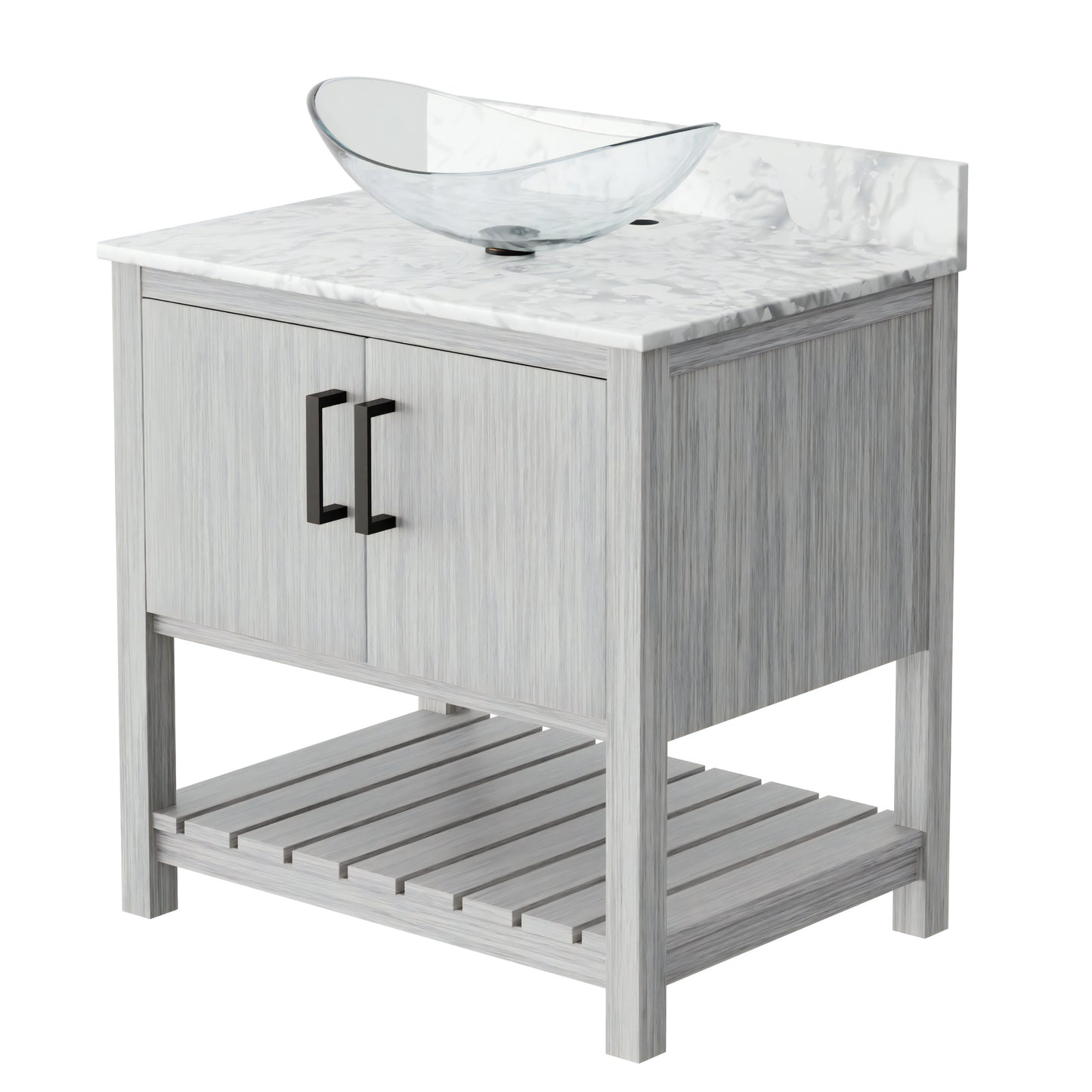 30-inch Novatto bath vanity with Carrara white marble counter, sink, and modern accessory design.