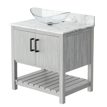 30-inch Novatto bath vanity with Carrara white marble counter, sink, and modern accessory design.