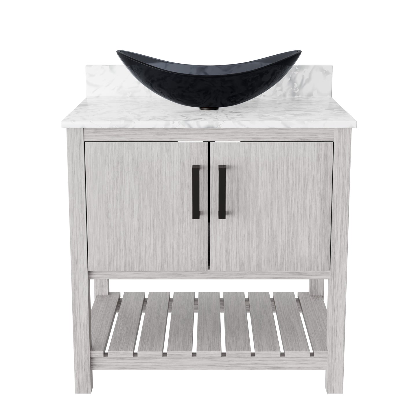 30-inch Novatto bath vanity with Carrara white marble counter and sink, showcasing sleek bathroom accessory design.