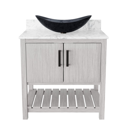 30-inch Novatto bath vanity with Carrara white marble counter and sink, showcasing sleek bathroom accessory design.