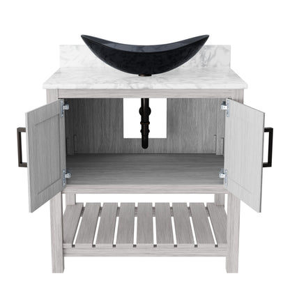 30-inch Novatto bath vanity with Carrara white marble countertop and sink, showcasing elegant bathroom accessory design.