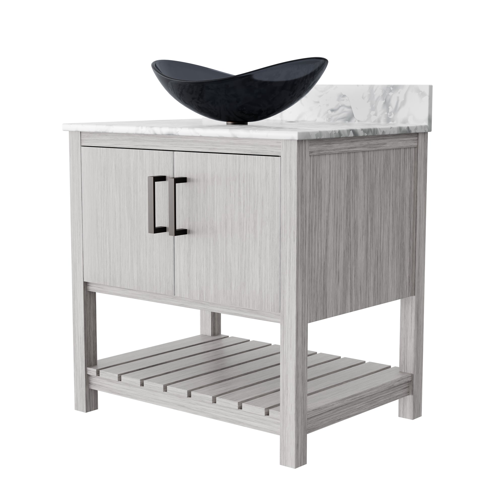 Novatto 30-inch bath vanity with Carrara white marble countertop and integrated sink, sleek and modern bathroom accessory.