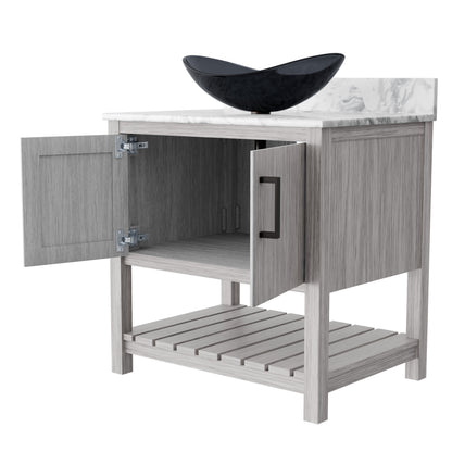 30-inch Novatto bathroom vanity with Carrara white marble countertop and integrated sink, modern accessory for bathroom decor.