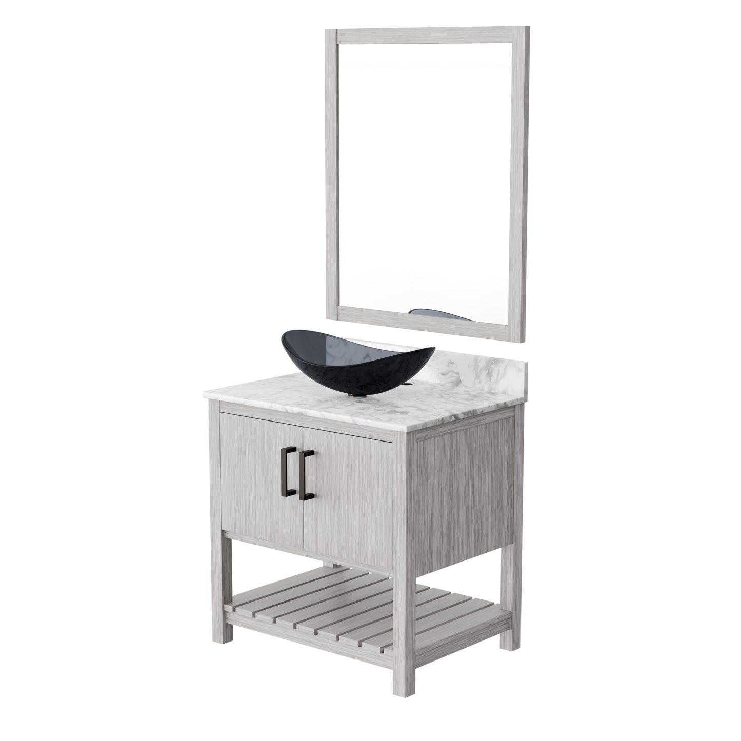 30-inch Novatto bath vanity with Carrara white marble countertop and integrated sink, featuring a sleek accessory design.