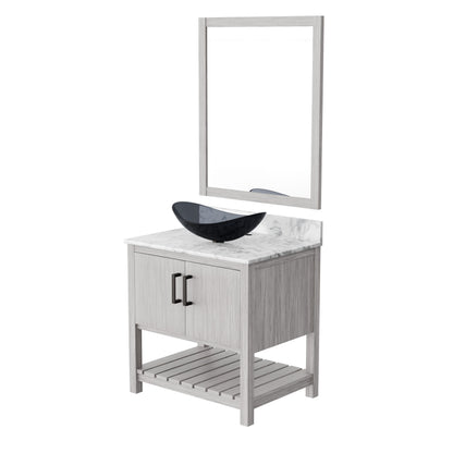 30-inch Novatto bath vanity with Carrara white marble countertop and integrated sink, featuring a sleek accessory design.