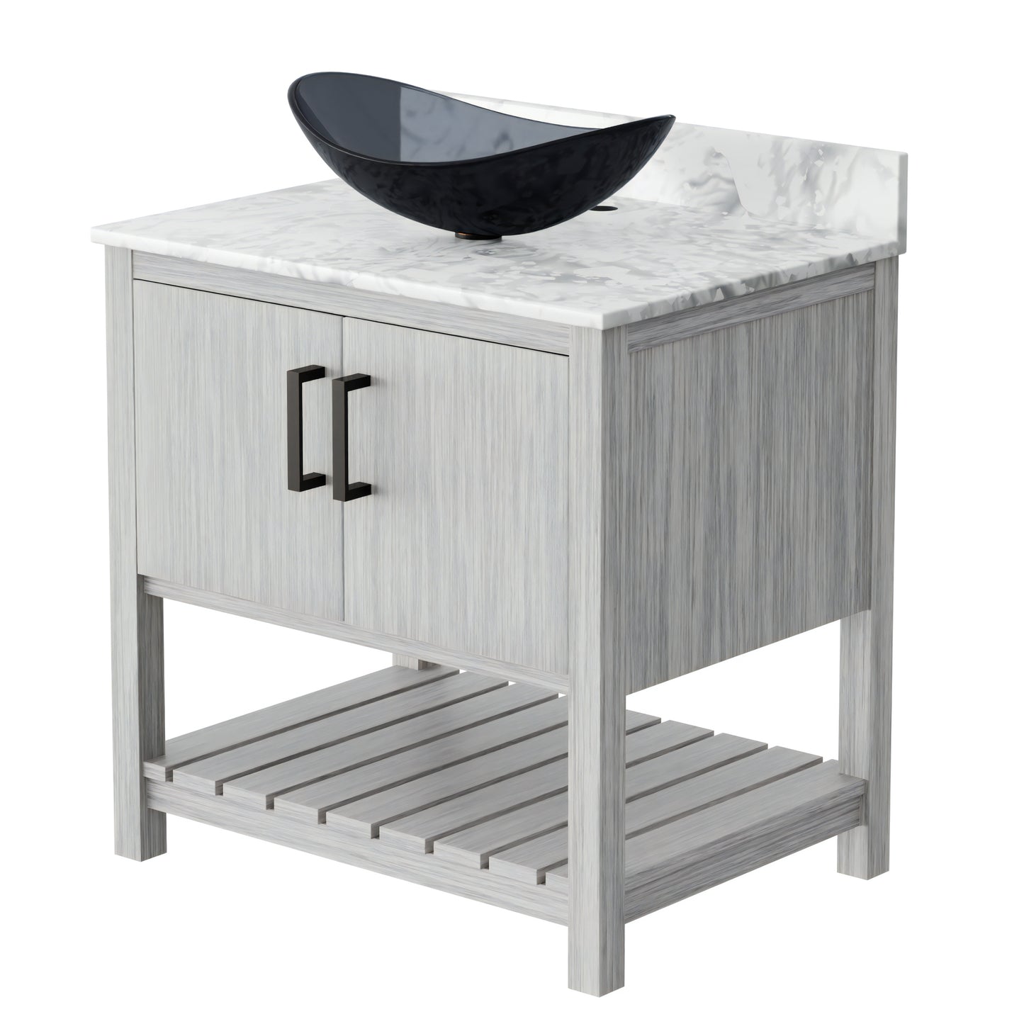 30-inch Novatto bath vanity with Carrara white marble counter and sink, showcasing elegant bathroom accessory design.