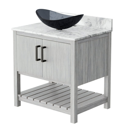 30-inch Novatto bath vanity with Carrara white marble counter and sink, showcasing elegant bathroom accessory design.