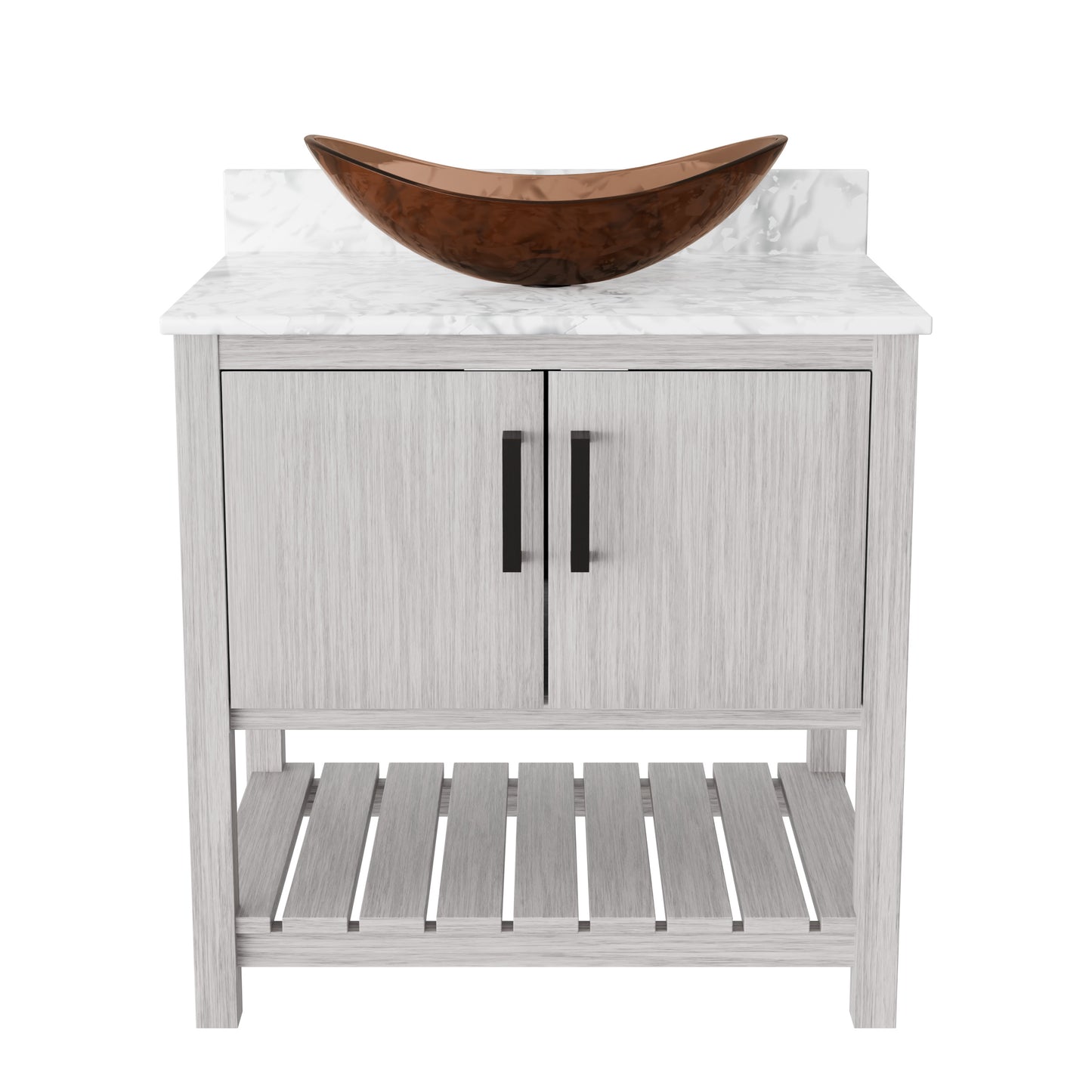 30-inch Novatto bath vanity with Carrara white marble counter and integrated sink, showcasing a modern bathroom accessory.