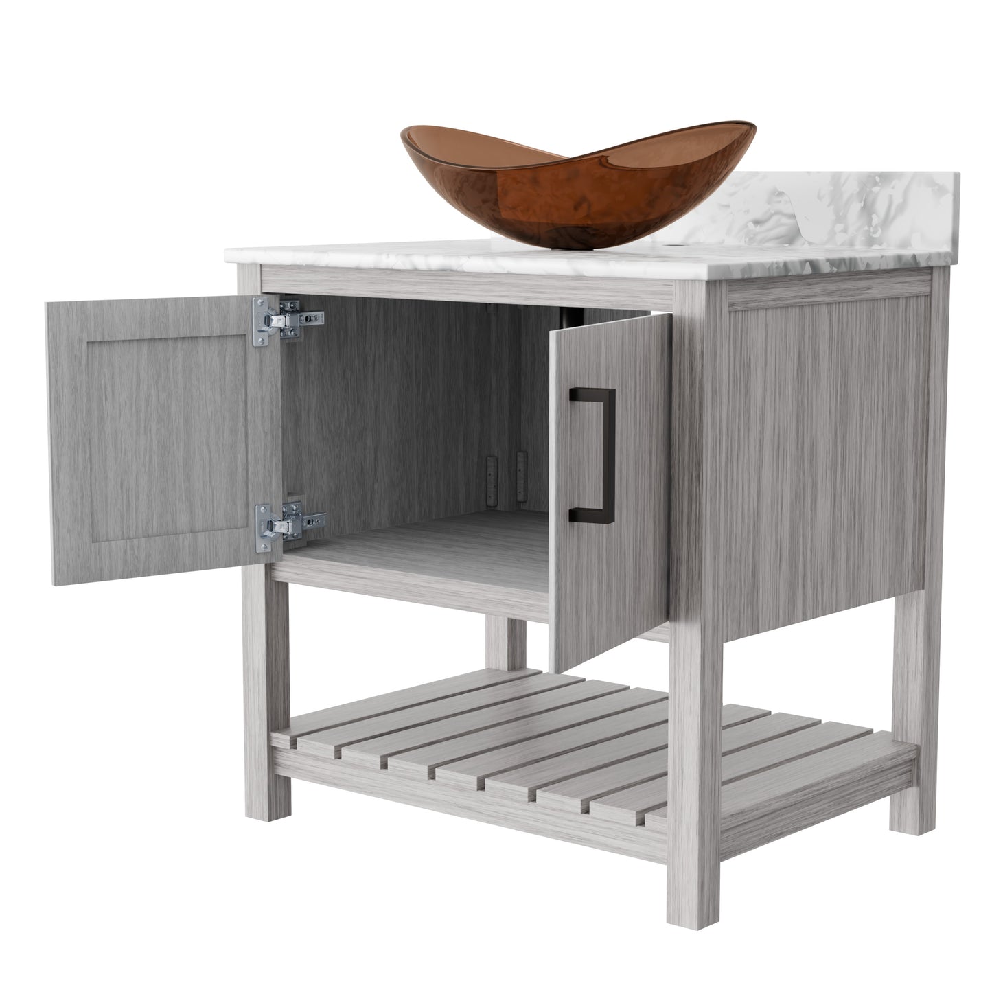 30-inch Novatto bath vanity with Carrara white marble countertop and integrated sink, showcasing elegant bathroom accessory design.