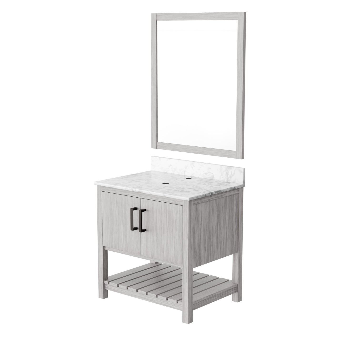 30-inch Novatto vanity with Carrara white marble counter, featuring a sleek bathroom accessory in a modern design.