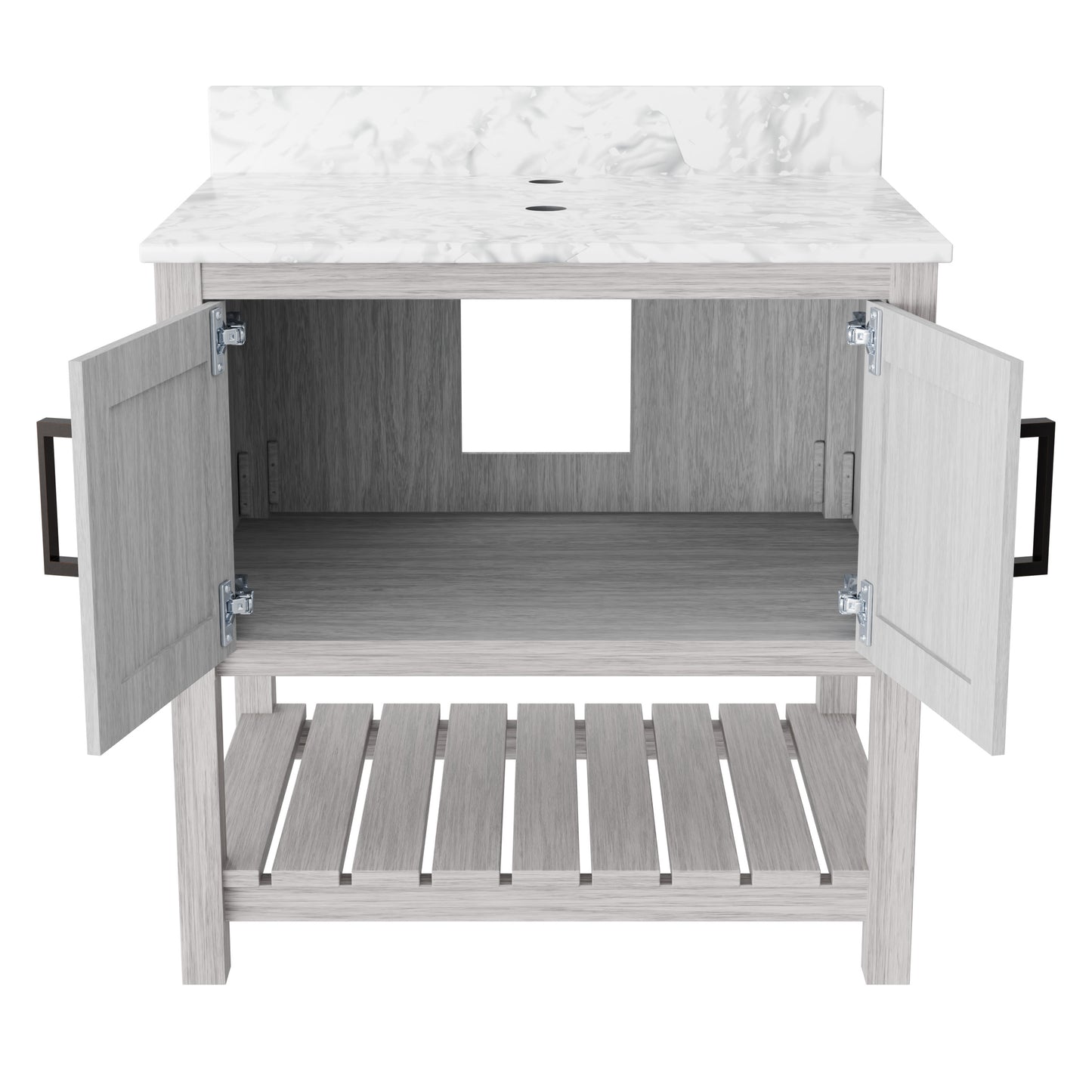 30-inch Novatto vanity with Carrara white marble countertop, featuring a sleek modern design and accessory storage.