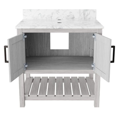 30-inch Novatto vanity with Carrara white marble countertop, featuring a sleek modern design and accessory storage.