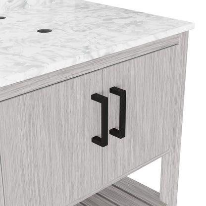 30-inch Novatto vanity with Carrara white marble countertop, showcasing the elegant bathroom accessory and smooth surface.
