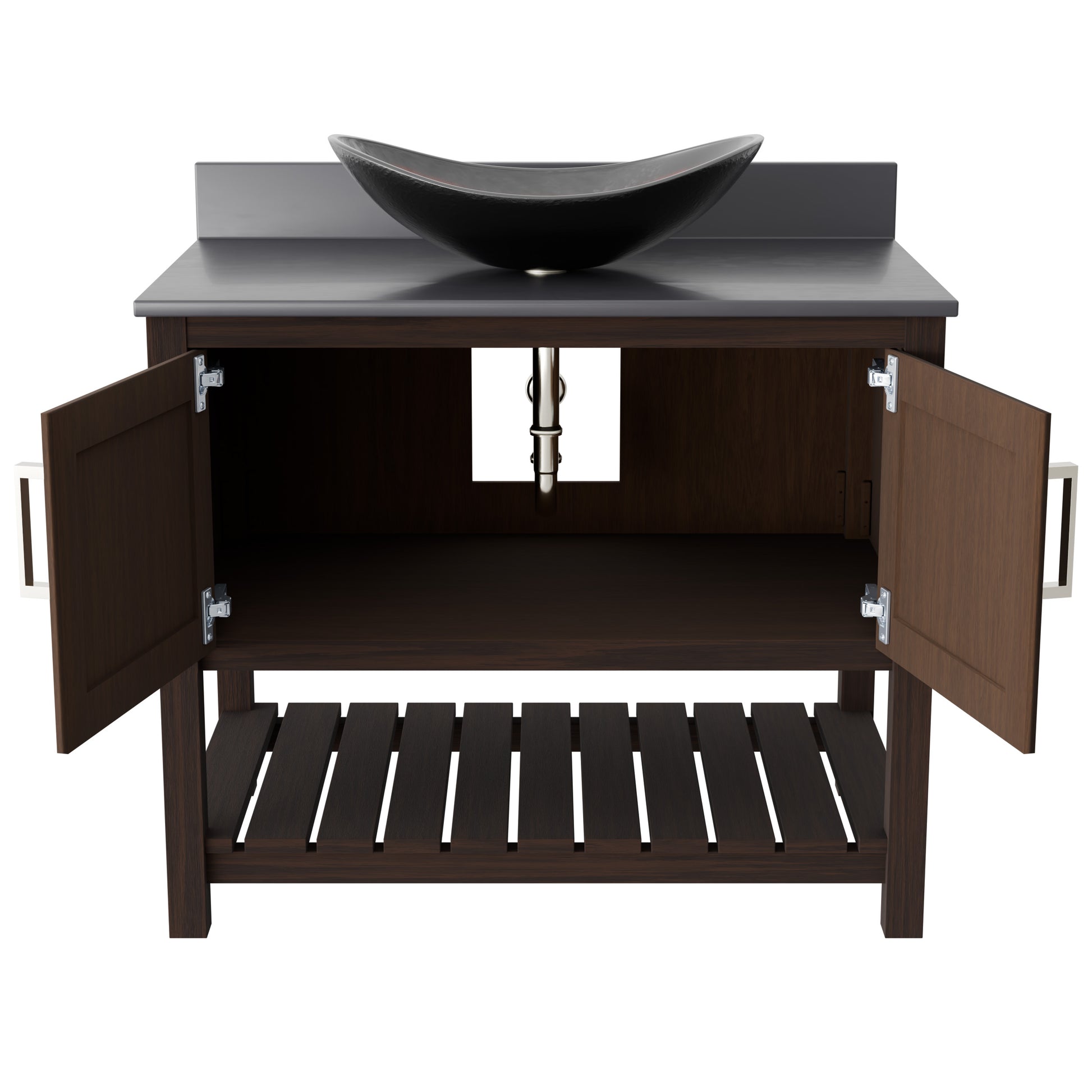 36-inch Novatto bath vanity with storm grey quartz counter and sink, featuring sleek bathroom accessory design.