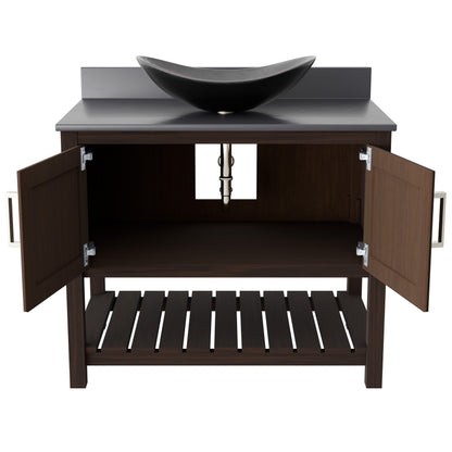 36-inch Novatto bath vanity with storm grey quartz counter and sink, featuring sleek bathroom accessory design.