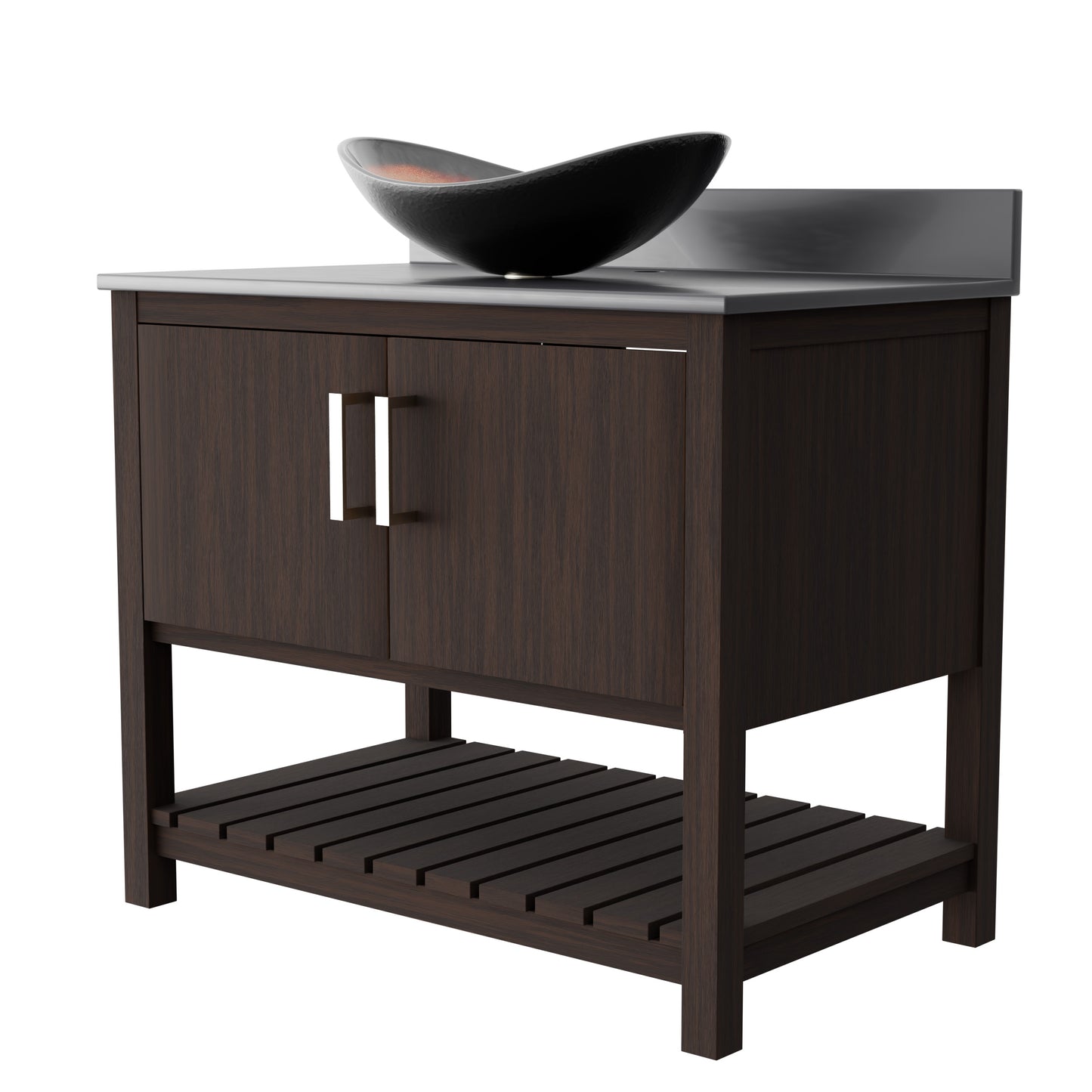 36-inch Novatto bath vanity with storm grey quartz countertop and sink, modern bathroom accessory with sleek design.