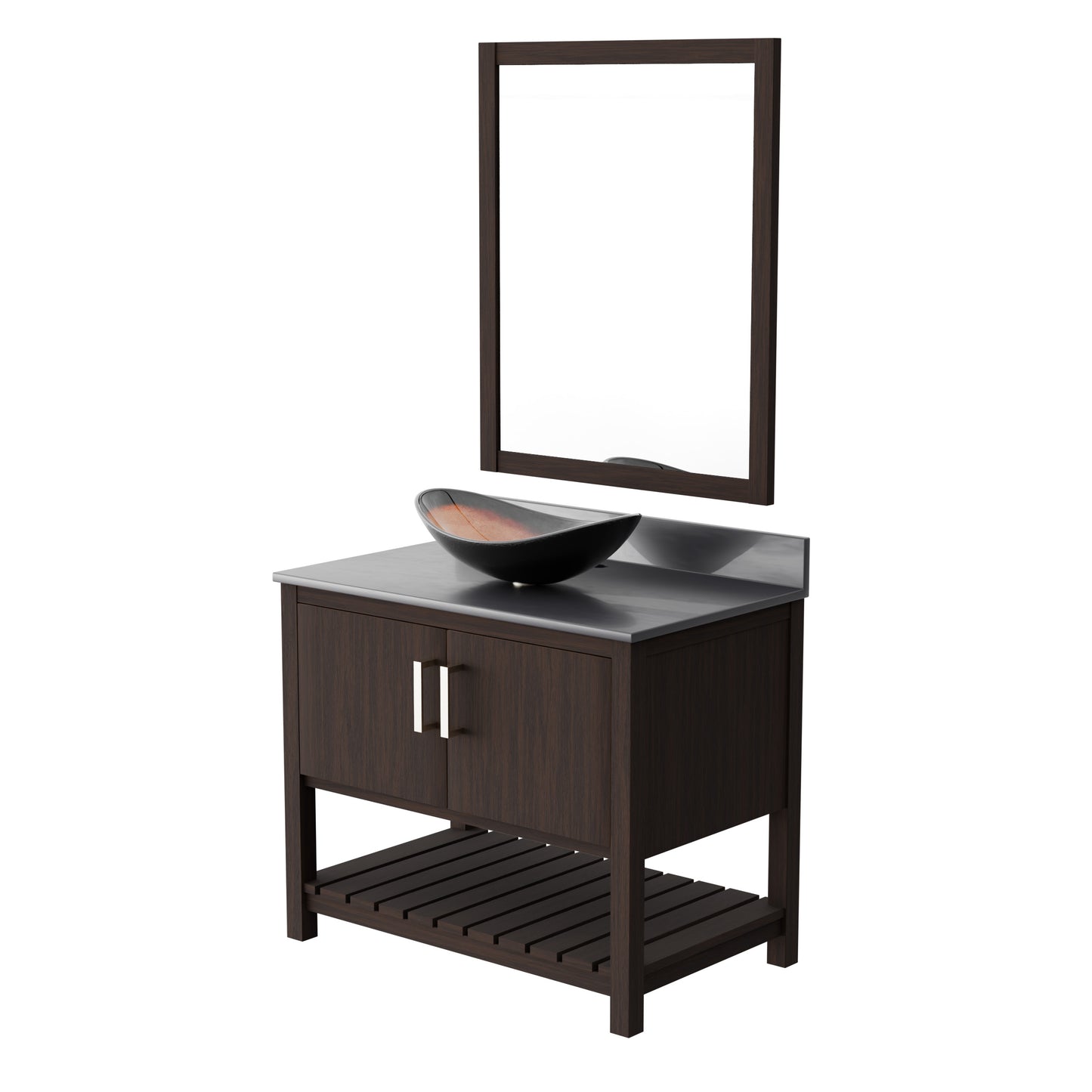 36-inch Novatto bath vanity with storm grey quartz countertop and integrated sink, showcasing elegant bathroom accessory design.