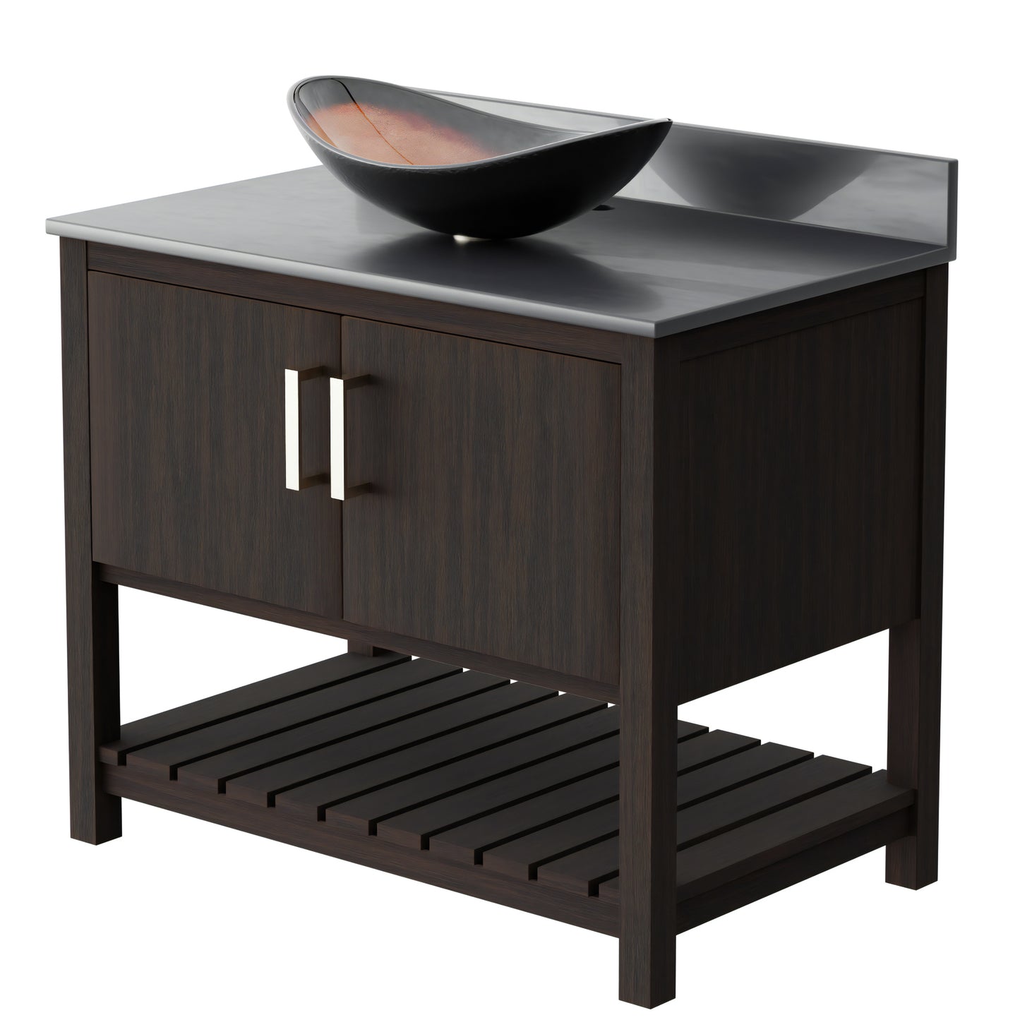 Novatto 36-inch bath vanity with storm grey quartz countertop and integrated sink, modern bathroom accessory.
