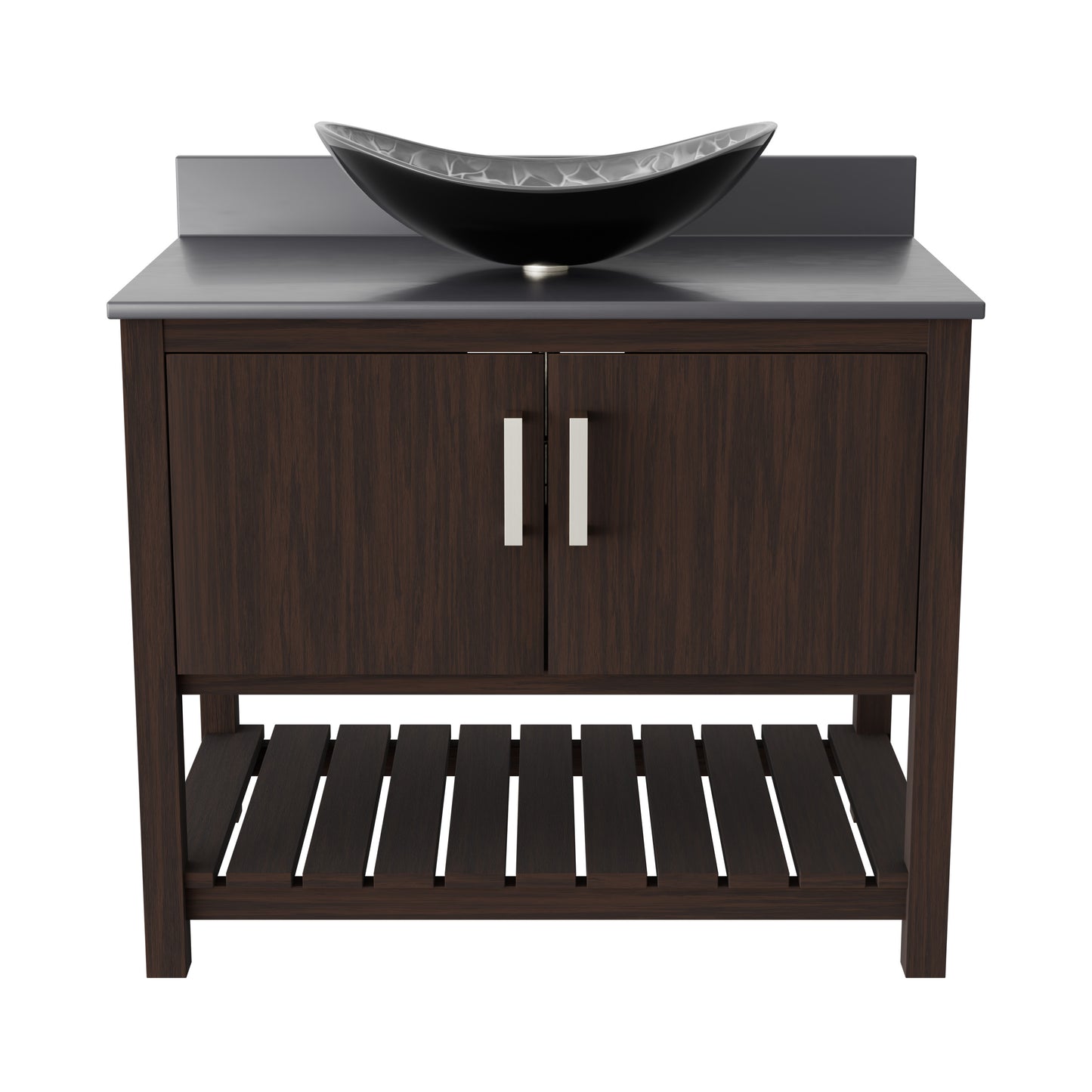 36-inch Novatto bath vanity with storm grey quartz countertop and integrated sink, showcasing modern bathroom accessory.
