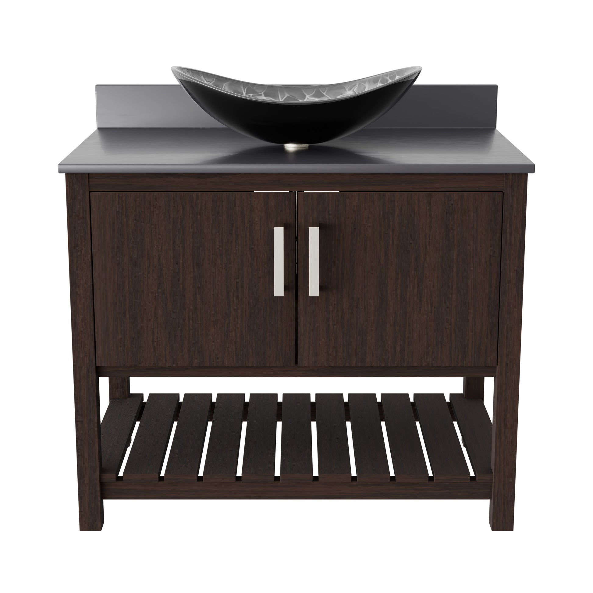 36-inch Novatto bath vanity with storm grey quartz countertop and integrated sink, showcasing modern bathroom accessory.