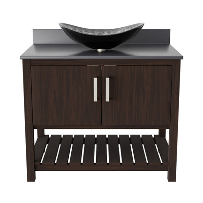 36-inch Novatto bath vanity with storm grey quartz countertop and integrated sink, showcasing modern bathroom accessory.