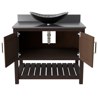 36-inch Novatto bath vanity with storm grey quartz countertop and sink, showcasing sleek bathroom accessory design.