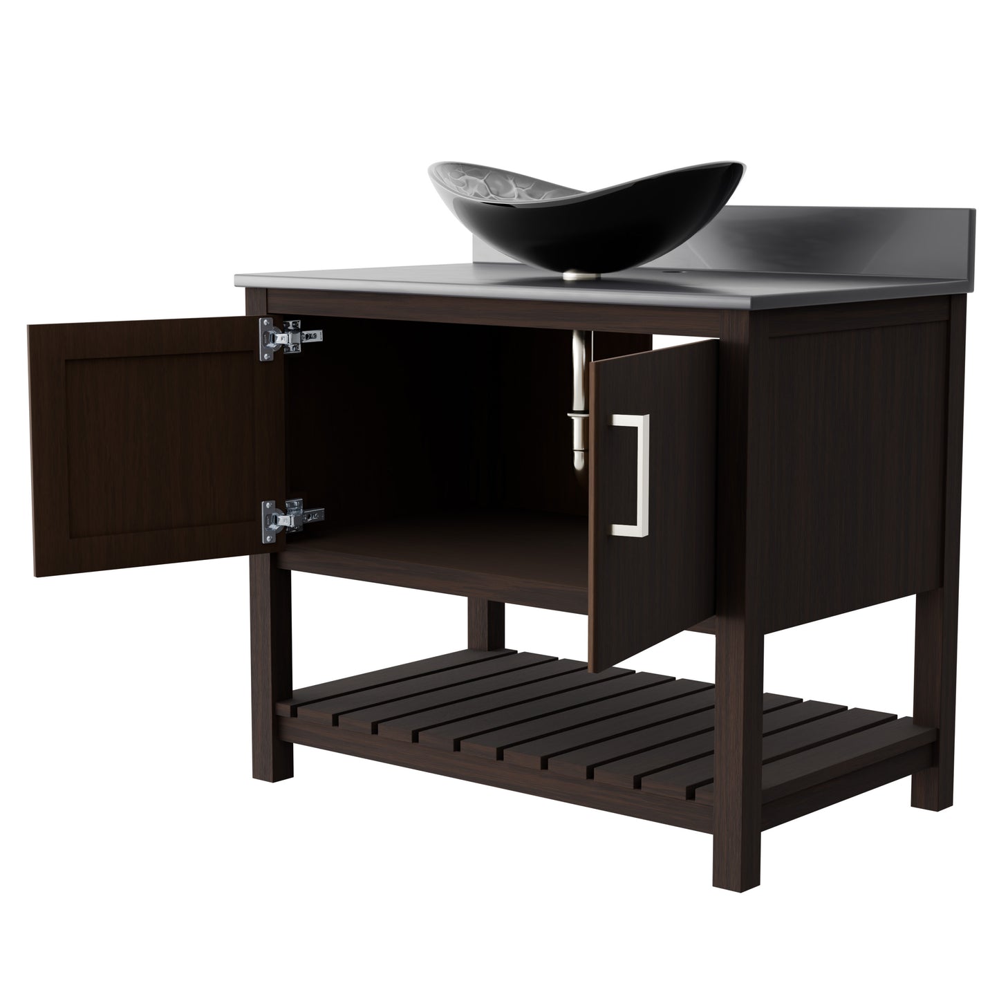 36-inch Novatto bath vanity with storm grey quartz countertop and integrated sink, showcasing sleek bathroom accessory design