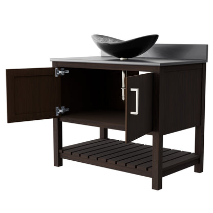 36-inch Novatto bath vanity with storm grey quartz countertop and integrated sink, showcasing sleek bathroom accessory design