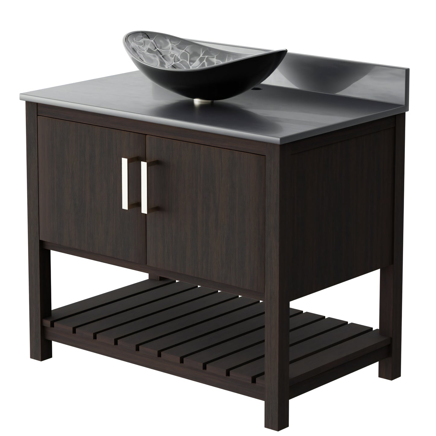 36-inch Novatto bath vanity with storm grey quartz countertop and integrated sink, showcasing sleek bathroom accessory design.
