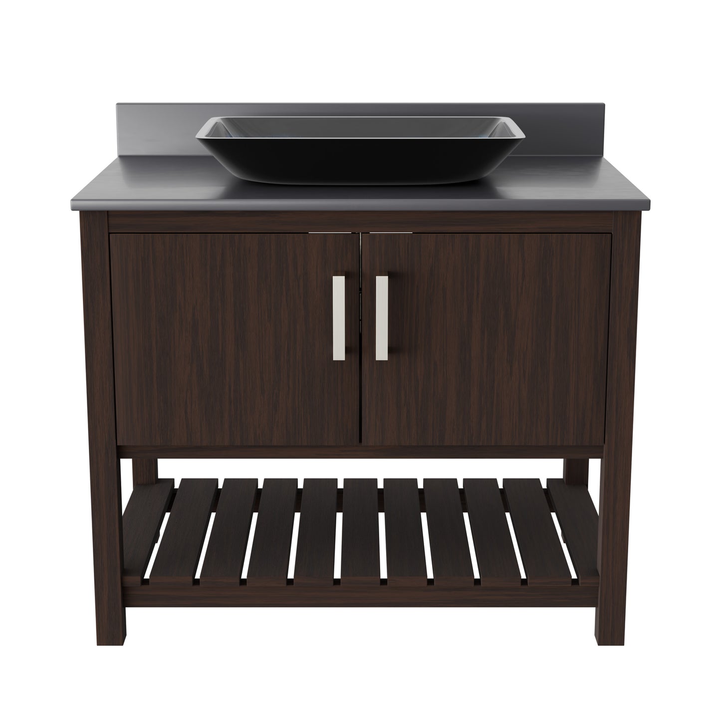 36-inch Novatto bath vanity with storm grey quartz countertop and sink, showcasing modern bathroom fixture design.