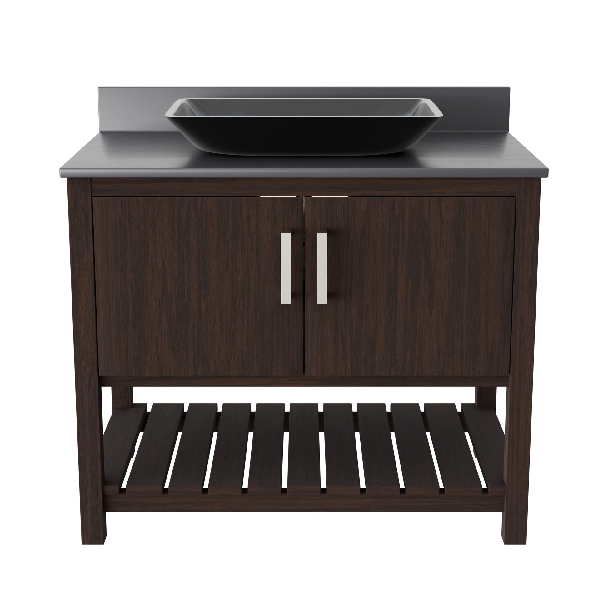 36-inch Novatto bath vanity with storm grey quartz countertop and sink, showcasing modern bathroom fixture design.