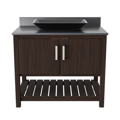 36-inch Novatto bath vanity with storm grey quartz countertop and sink, showcasing modern bathroom fixture design.