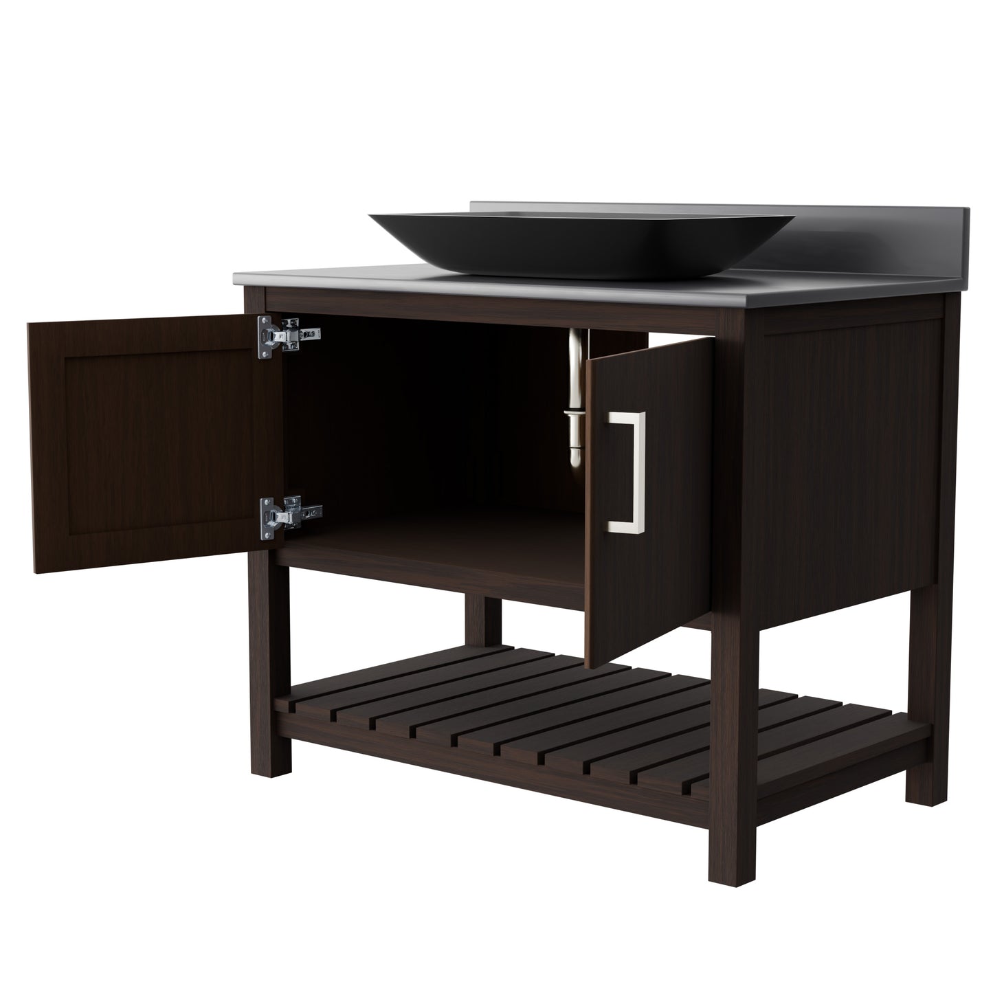 36-inch Novatto bath vanity with storm grey quartz countertop and integrated sink, modern bathroom accessory with sleek design