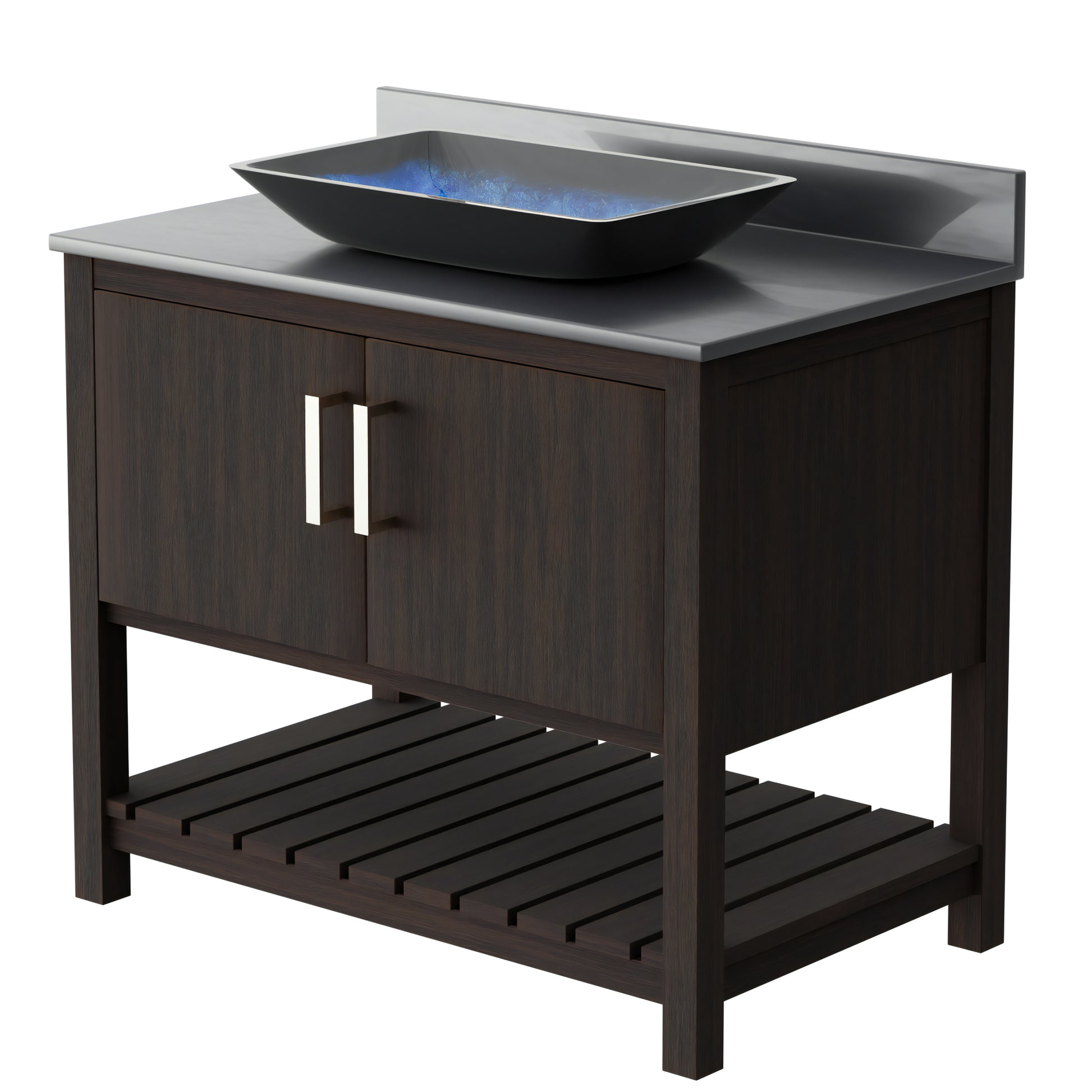 36-inch Novatto bath vanity with storm grey quartz countertop and integrated sink, showcasing modern bathroom accessory.