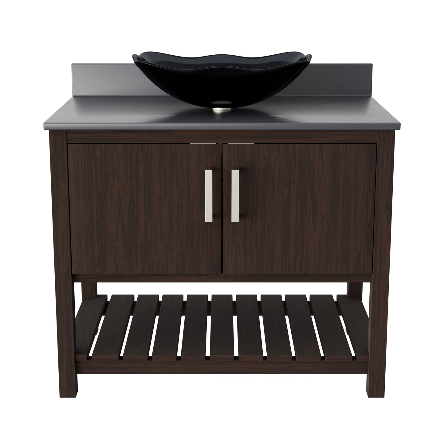 36-inch Novatto bath vanity with storm grey quartz countertop and integrated sink, showcasing sleek bathroom accessory design.