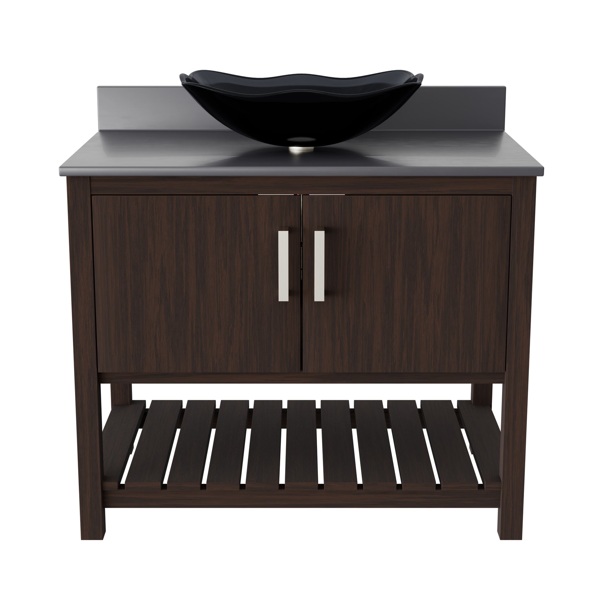 36-inch Novatto bath vanity with storm grey quartz countertop and integrated sink, showcasing sleek bathroom accessory design.